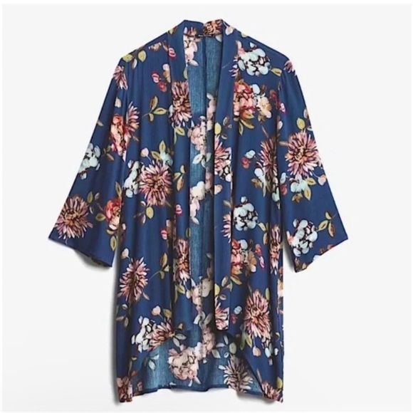Pink Clover Size Small Maples Open Front Floral Kimono Cardigan Navy Blue Swim - Picture 1 of 8